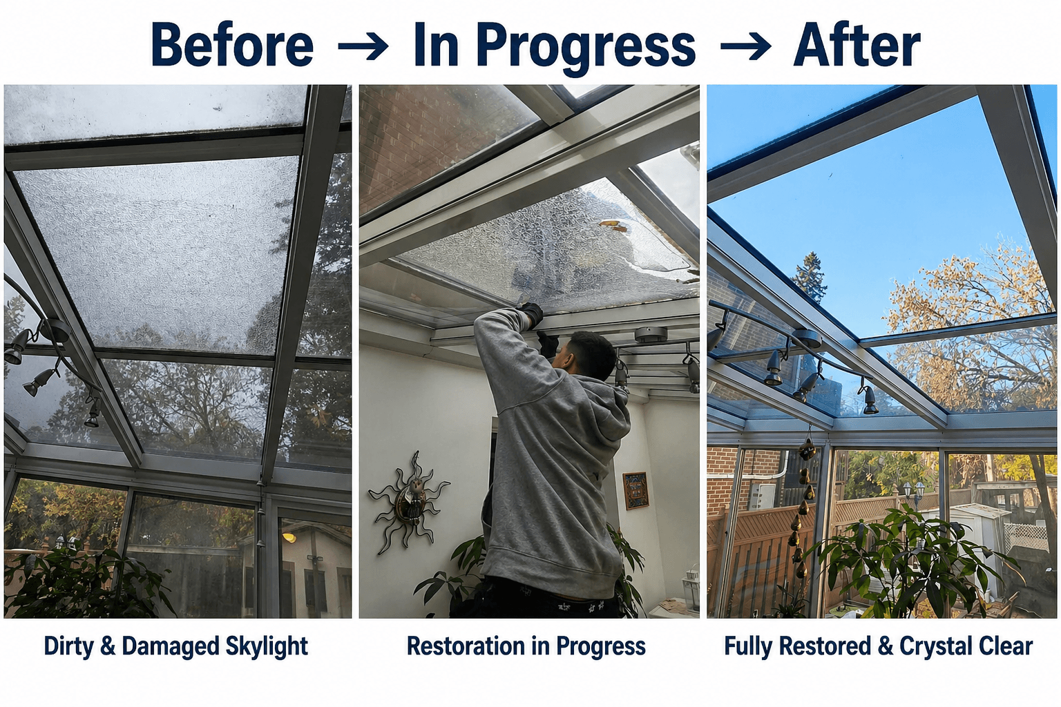 Skylight restoration process - Before: dirty and damaged, In Progress: technician working, After: fully restored and crystal clear