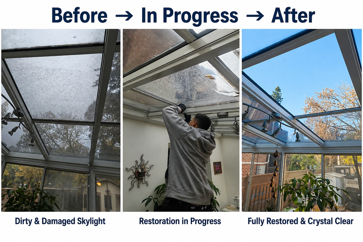 Skylight restoration - before, during, and after glass replacement by LuminaSky Glass